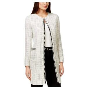 Tahari tweed long dressy jacket blazer lined pockets and pearl trim size